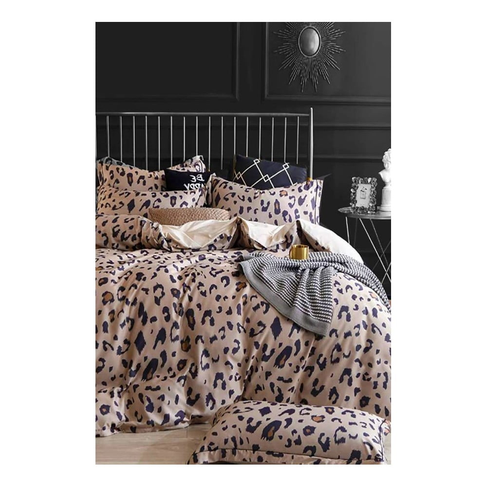 Barna négyrészes kétszemélyes hosszabbított pamut ágyneműhuzat lepedővel 200x220 cm Leopard – Mila Home